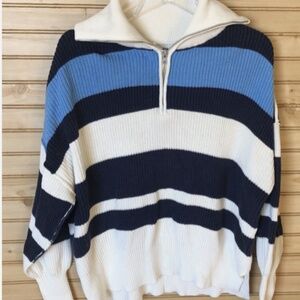 Aerie 1/4 Zip Oversized Fit Blue Stripe Cotton Ribbed Sweater Women's XXS